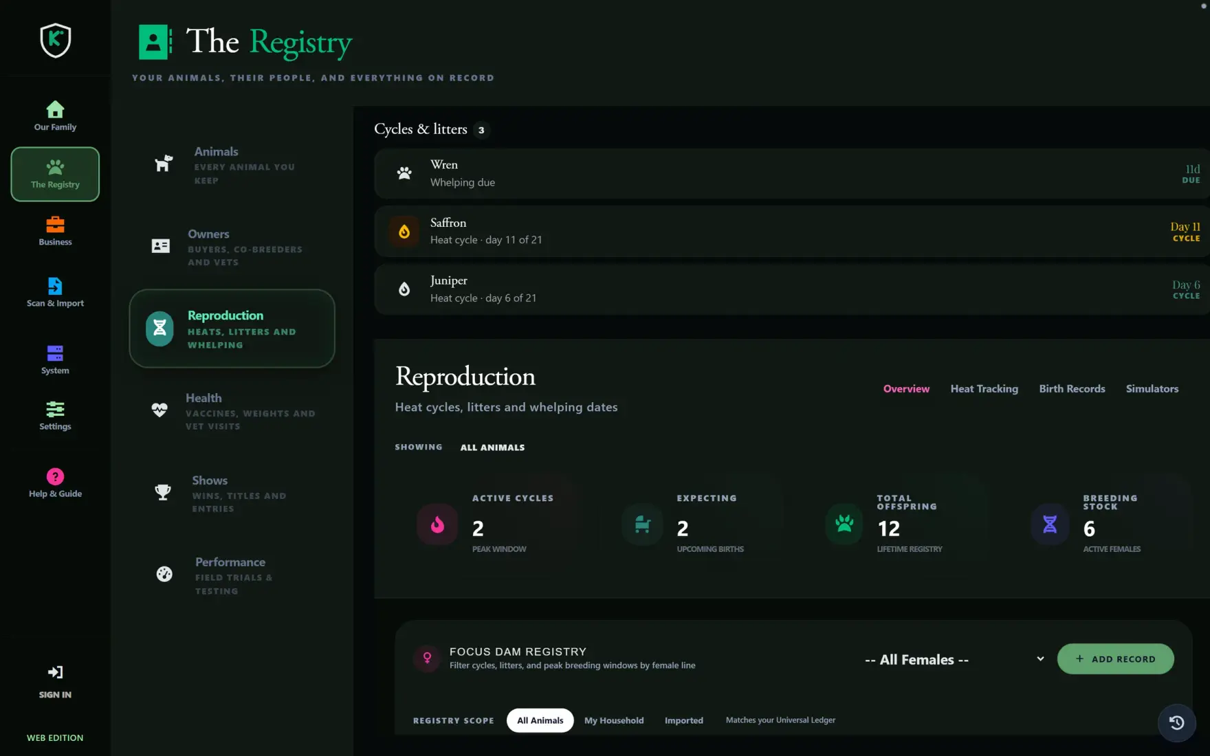 The reproduction screen showing three cycles and litters in progress and summary counts for active cycles, expecting dams, total offspring and breeding stock.